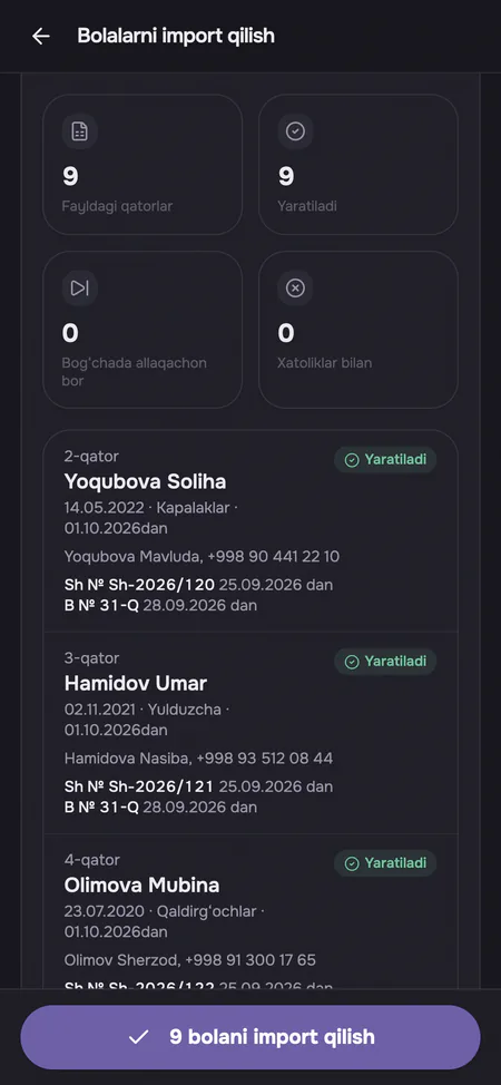 Bolalar roʻyxatini Exceldan Uppiega yuklash