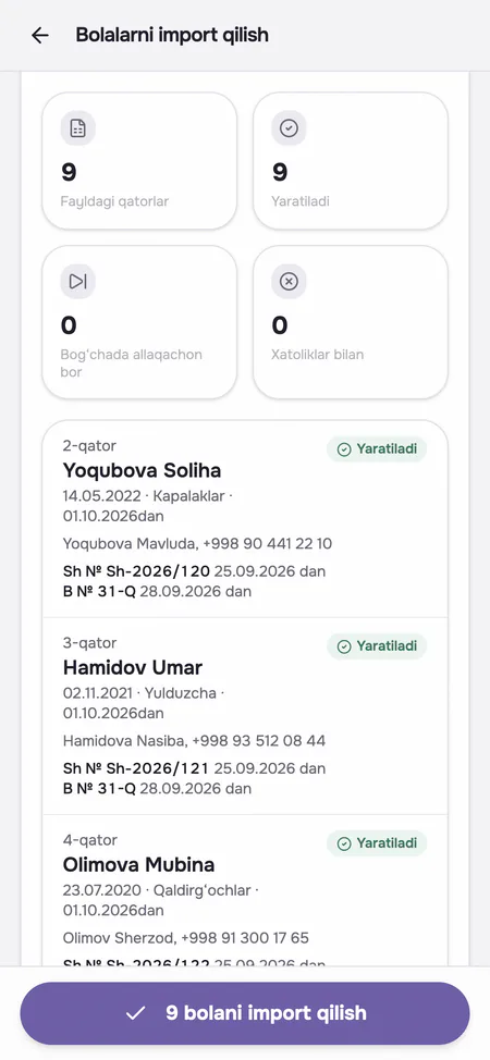 Bolalar roʻyxatini Exceldan Uppiega yuklash