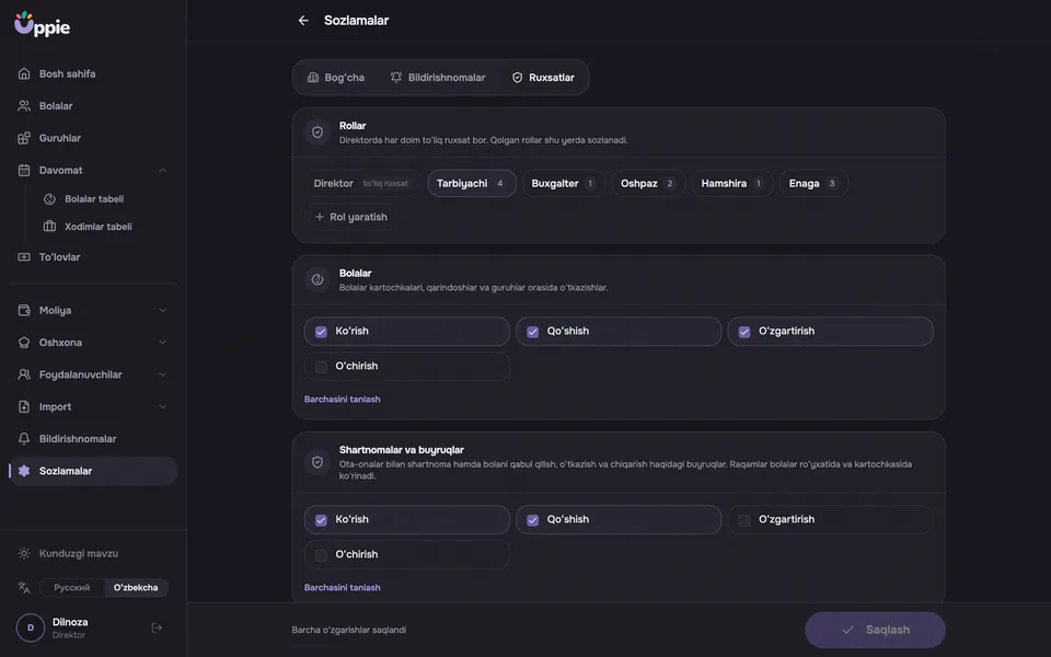 Uppieda rollar va huquqlarni sozlash