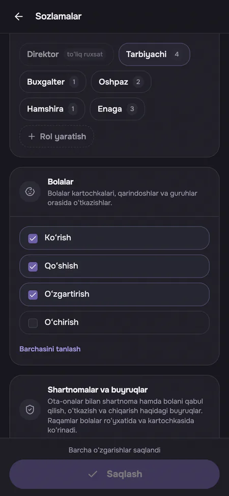 Uppieda rollar va huquqlarni sozlash